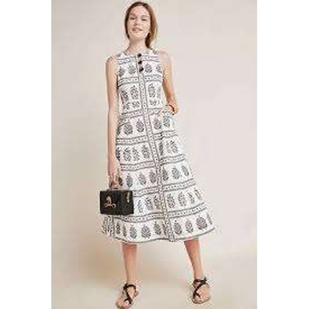 Anthropologie Woodblock Midi Dress Womens 6 Cream Floral Pockets Boho Coastal